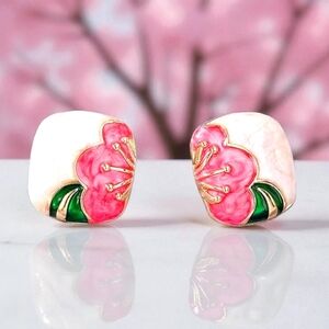 Floral Pink and Green Enamel Earrings